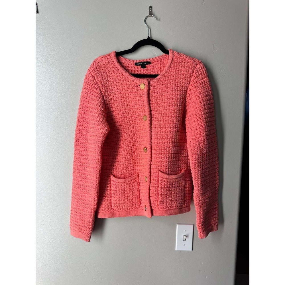 Boston Proper Coral Waffle Knit Cardigan Gold Buttons Crew Neck M Cottagecore